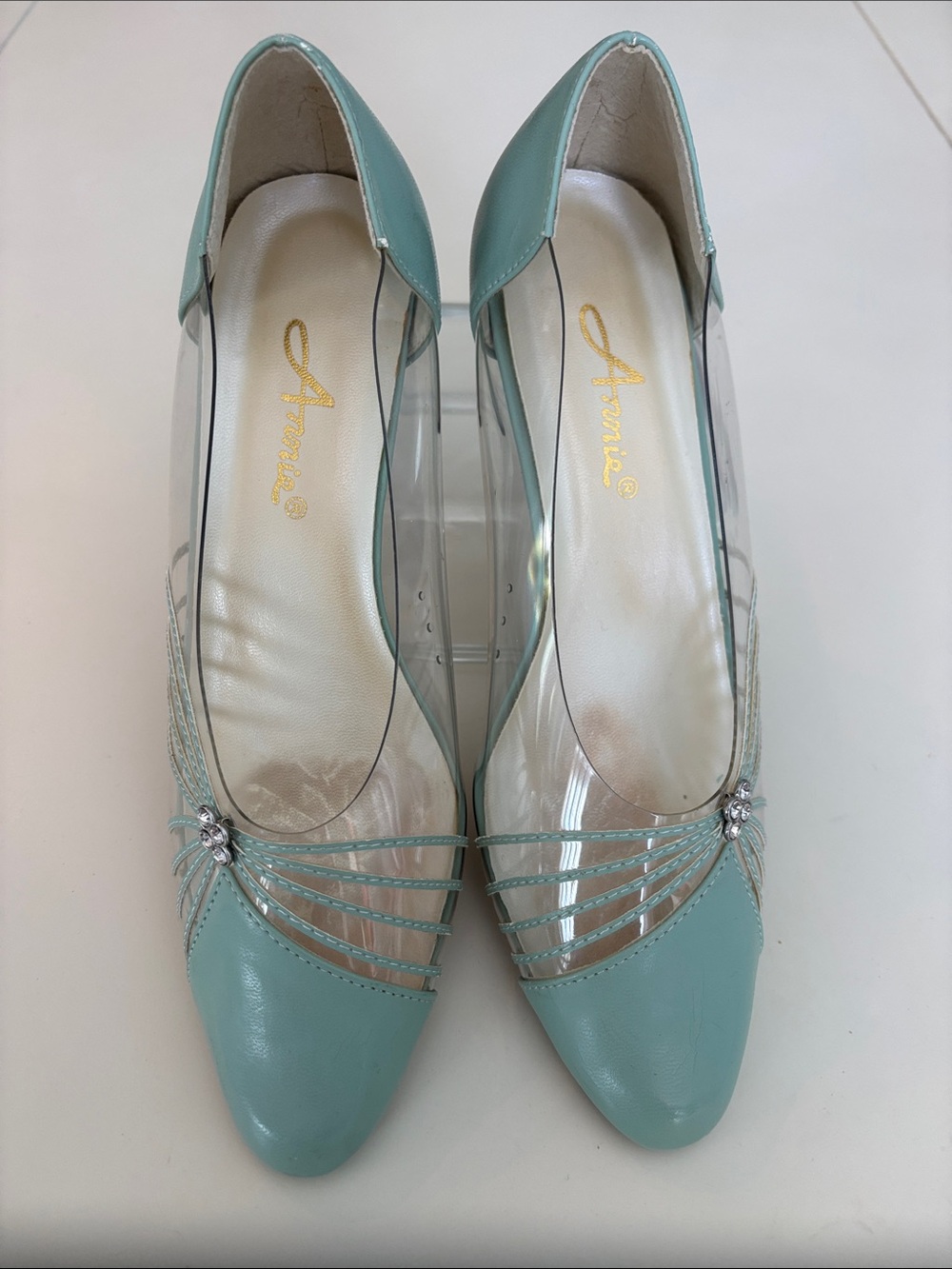 Vintage Annie Bluish Green Low Heel Pointed Toe Pumps